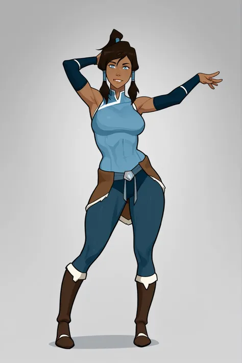 Korra from avatar legend of korra, female, sharp youthful face, dark brown skin, blue eyes glowing faintly, brown hair with ponytail, tall athletic build, medium size breasts, curvy body, wearing good attire, sexy playful pose. 8K ultra HD, high quality, 2...