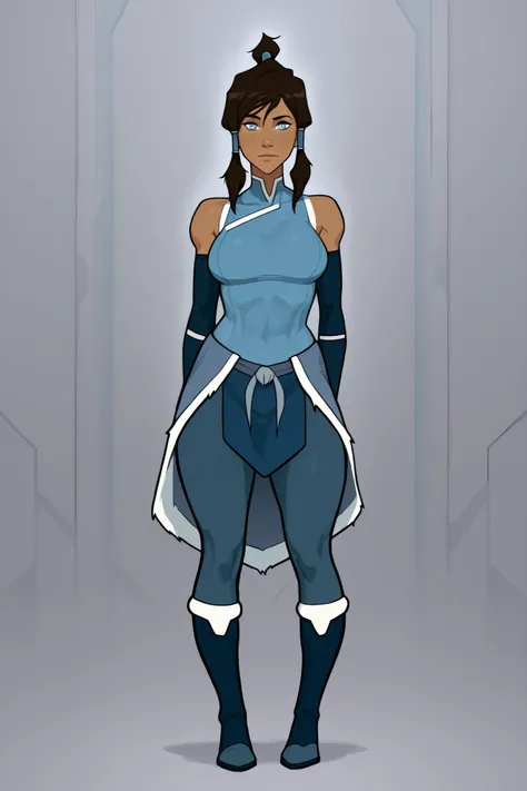 Korra from avatar legend of korra, female, sharp youthful face, dark brown skin, blue eyes glowing faintly, brown hair with ponytail, tall athletic build, medium size breasts, curvy body, wearing good attire, sexy playful pose. 8K ultra HD, high quality, 2...