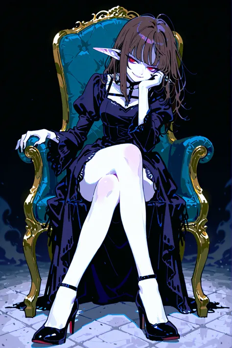masterpiece , best quality , amazing quality , very aesthetic, woman, white skin, pale skin, tall, rounded elf ear, red eyes, drooping eyes, cold look, white pupil, long messy hair, brown hair, bangs, sharp canines, smirk, black gothic dress, heels, sittin...