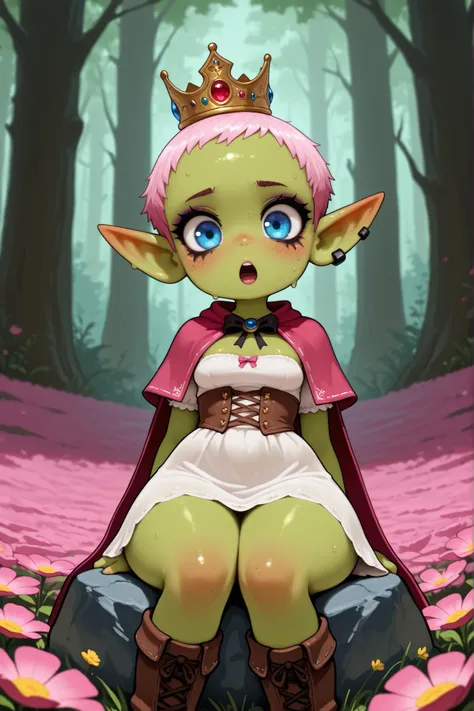 female punk, greasy pink very short hair, black eye , facial piercings, eye makeup, small breasts, meduim hips, (goblin girl:1.0) (shortstack:1.0) (green skin:1.0) (pointy ears:1.0) (wide hips:1.0)| Volumetric Lighting, Best Shadows, Shallow Depth of Field...