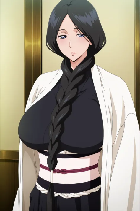 ,masterpiece, best quality, amazing quality, very aesthetic, absurdness,, newest,(anime screencap:1.6),female focus,solo, 1girl,run0hana, black hair, single braid, dark blue eyes, large breasts, white haori, wide sleeves, black kimono, obi, black hakama,mi...