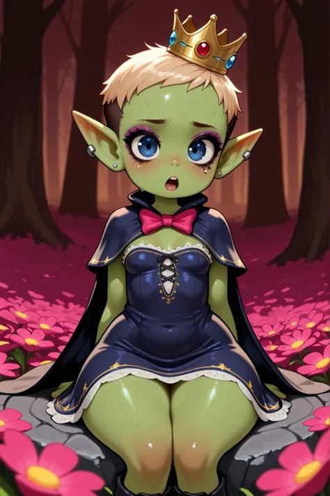 female punk, greasy pink very short hair, black eye , facial piercings, eye makeup, small breasts, meduim hips, (goblin girl:1.0) (shortstack:1.0) (green skin:1.0) (pointy ears:1.0) (wide hips:1.0)| Volumetric Lighting, Best Shadows, Shallow Depth of Field...