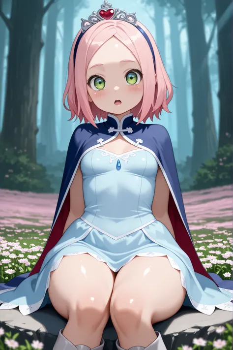 Sakura Haruno. small breasts, huge hips, pink hair, medium hair, light green eyes, thin lips, very fair skin, big forehead. | Volumetric Lighting, Best Shadows, Shallow Depth of Field, Portrait Of Stunningly Beautiful Girl,masterpiece, best quality, in flo...