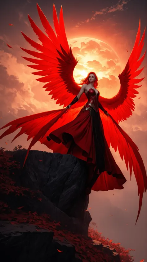 Ultra-realistic 8K cinematic still, vertical (9:16), photorealistic, a surreal and ethereal fantasy scene from an elevated POV. A woman stands on the rugged ledge of a high cliff, her back to the viewer. She possesses large, magnificent, and vibrant crimso...