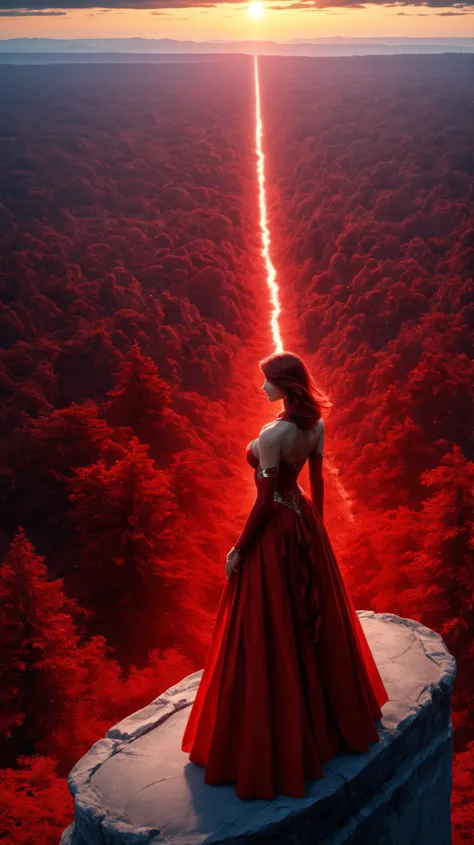 Ultra-realistic 8K cinematic still, vertical (9:16), photorealistic, a surreal and ethereal fantasy scene from an elevated POV. A woman stands on the rugged ledge of a high cliff, her back to the viewer. She possesses large, magnificent, and vibrant crimso...