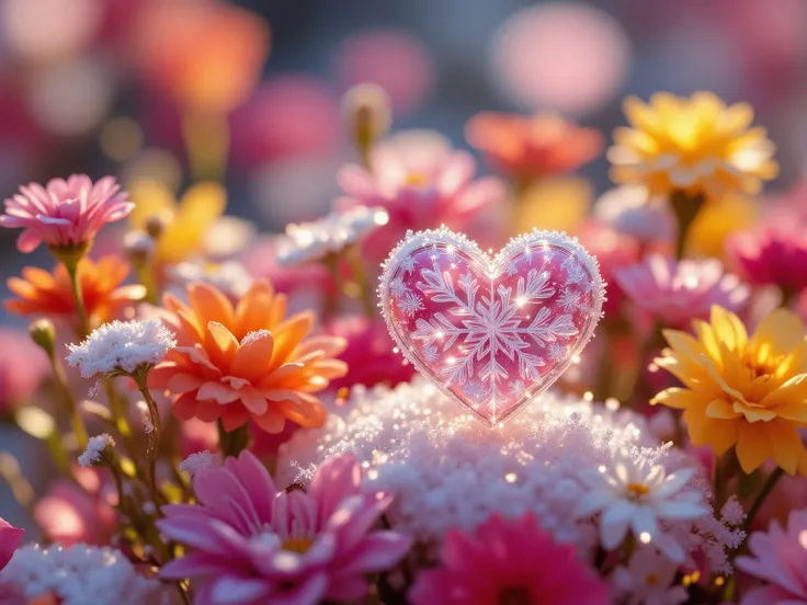 Heart-shaped macro snowflakes delicately perched atop a colorful bouquet of flowers, inspiration drawn from Christine Ellger and Miki Asai, bright shades playing against the softness of snow, 32k ultra fine resolution, DSLR 64 megapixels capturing sharp fo...