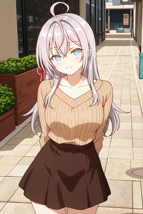 Alisa Mikhailovna Kujou, sensual smile, on the side with the viewer, meeting style, cute expression, hands behind back, looking at the viewer, casual clothes, food court, casual sweater, short skirt, sidewalk, casual pose