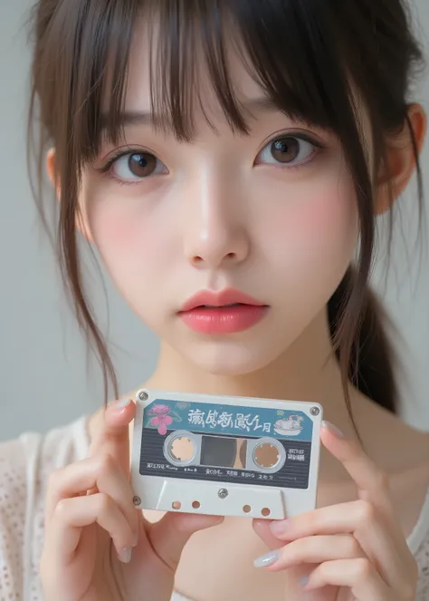 An extremely cute Japanese girl showing fair skin,Hold a cassette tape、very real, これは非常にDetailedデジタル写真です、 Pro Photographer Shooting、perfect lighting、beautiful perfect hands、close-up photo、Detailed