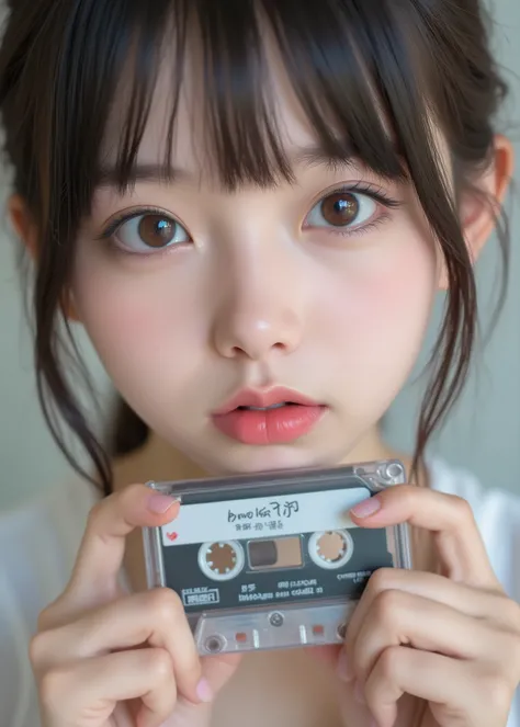 An extremely cute Japanese girl showing fair skin,Hold a cassette tape、very real, これは非常にDetailedデジタル写真です、 Pro Photographer Shooting、perfect lighting、beautiful perfect hands、close-up photo、Detailed
