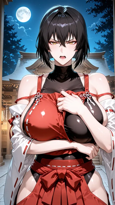 handfixer,Japanese background,SOLO,A mature Female,sendai hakurei no miko,red hakama, solo, leotard under clothes, black leotard, japanese clothes, nontraditional miko, black hair, hakama pants, yellow eyes, large breasts, detached sleeves, hip vent,(Black...