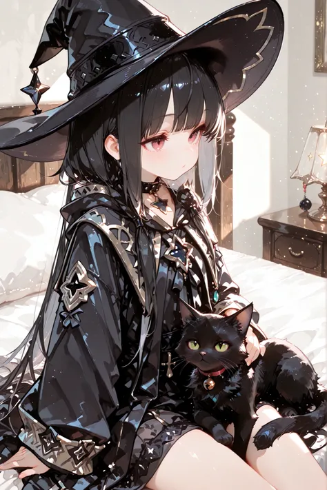 (((Best quality, 8k, Masterpiece: 1.3)), ((best quality)), ((masterpiece)), (detailed), A young wizard girl. She is wearing a black witch hat and black robes. She has a large star-shaped pendant on her chest. She is holding the black cat on her lap, She ha...