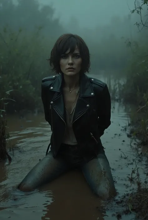 70s setting, close-up, woman, dirty jeans, leather jacket and blouse, drowning kneeling in a thick mud, jeans legs wide spreading, indulges her fetish, photorealistic, 8K, hyper-detailed, high quality, dramatic, moody, cinematic, realistic, woman mid-aged,...