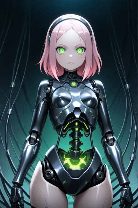 Sakura Haruno. small breasts, huge hips, pink hair, medium hair, light green eyes, thin lips, very fair skin, big forehead. | Dark Moody Atmosphere, cybernetic robot highly detailed, complex intricate details, masterpiece realistic photography, Necron quee...