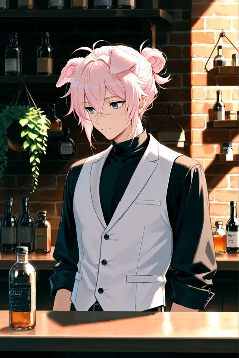 High-resolution Japanese anime style illustration.  
A stylish young man with light pink hair, slightly messy with long bangs, and fluffy dog ears on top of his head instead of hair buns.  
He is wearing a vivid magenta suit jacket with rolled-up sleeves, ...