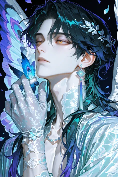 solo, single character, one man only, portrait, upper body,
androgynous handsome man, slender but toned, pale porcelain skin,
long wavy black hair, gradient violet tips, amber eyes with vertical slit,
sheer black silk shirt half-open, moth-pattern lace glo...