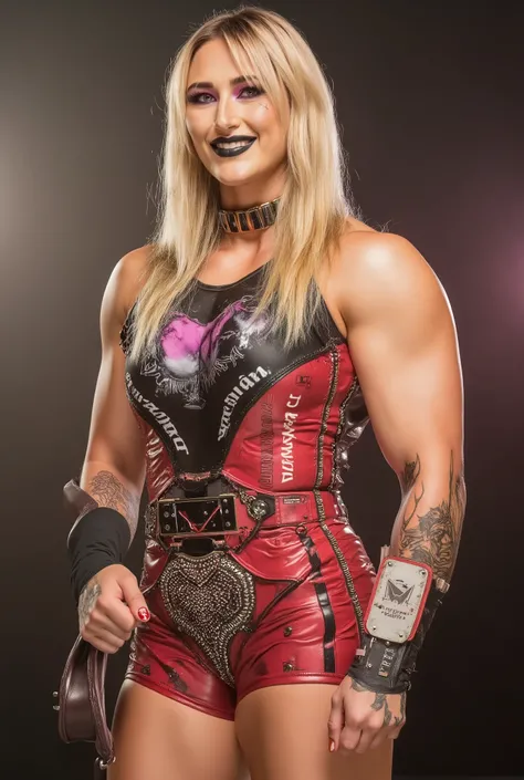 Hyper realistic close up professional wrestler beauty and muscle goddes, Rhea Ripley dress as Cammy White, blonde hair, very dominating seductive demeanor, incredibly attractive stunningly