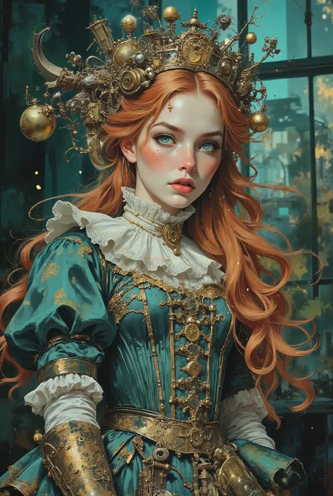 Overview Statement: A full-length regal Victorian-steampunk noblewoman with ethereal porcelain features,
adorned in elaborate mechanical ornaments and luxurious period attire, Victorian-style high-heeled boots in polished brass and leather
Physical Featur...