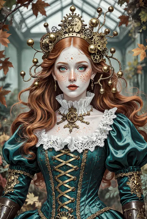 Overview Statement: A full-length regal Victorian-steampunk noblewoman with ethereal porcelain features,
adorned in elaborate mechanical ornaments and luxurious period attire, Victorian-style high-heeled boots in polished brass and leather
Physical Featur...