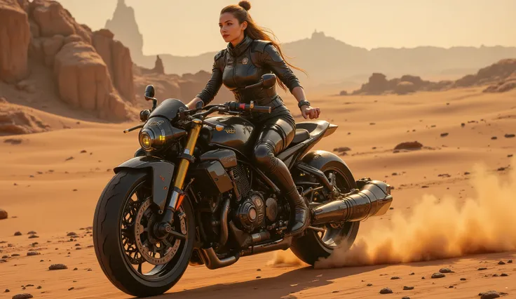 Photo realistic police woman seat on a futuristic biomorphic hover motorcycle driving through the desert