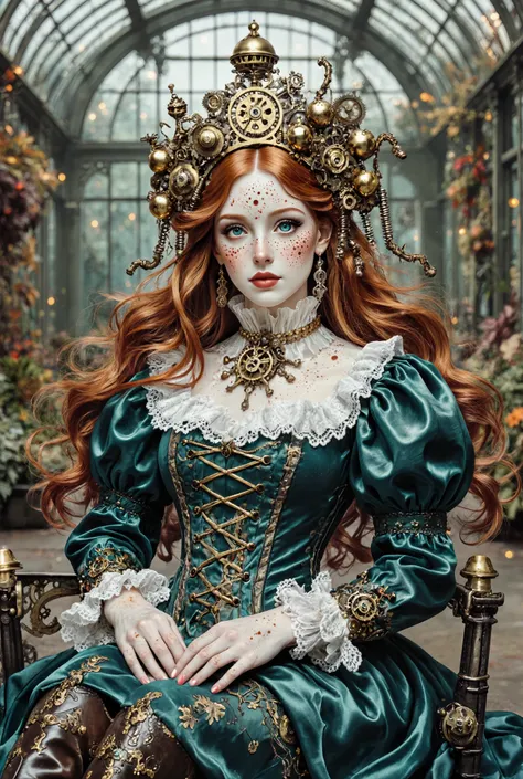 Overview Statement: A full-length regal Victorian-steampunk noblewoman with ethereal porcelain features,
adorned in elaborate mechanical ornaments and luxurious period attire, Victorian-style high-heeled boots in polished brass and leather
Physical Featur...