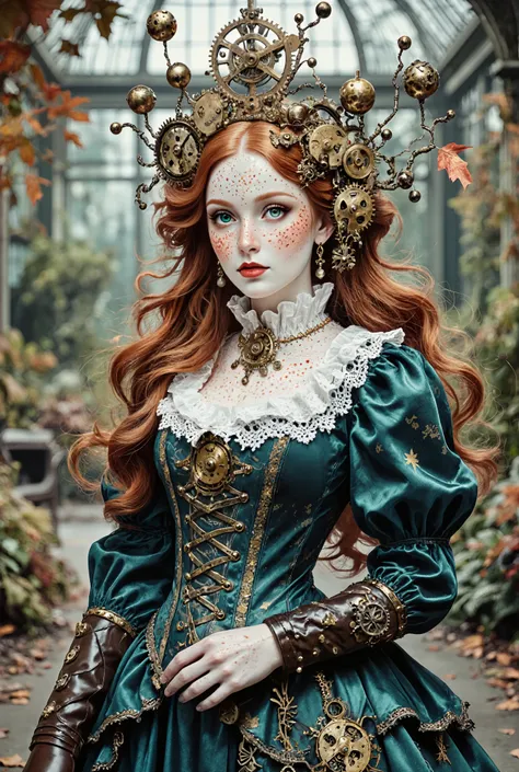 Overview Statement: A full-length regal Victorian-steampunk noblewoman with ethereal porcelain features,
adorned in elaborate mechanical ornaments and luxurious period attire, Victorian-style high-heeled boots in polished brass and leather
Physical Featur...