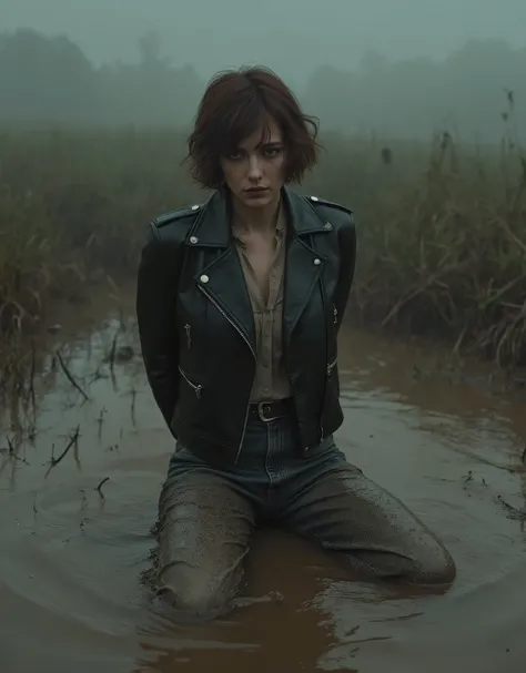 70s setting, close-up, woman, dirty jeans, leather jacket and blouse, drowning kneeling in a thick mud, jeans legs wide spreading, indulges her fetish, photorealistic, 8K, hyper-detailed, high quality, dramatic, moody, cinematic, realistic, woman mid-aged,...