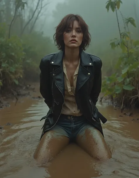 70s setting, close-up, woman, dirty jeans, leather jacket and blouse, drowning kneeling in a thick mud, jeans legs wide spreading, indulges her fetish, photorealistic, 8K, hyper-detailed, high quality, dramatic, moody, cinematic, realistic, woman mid-aged,...