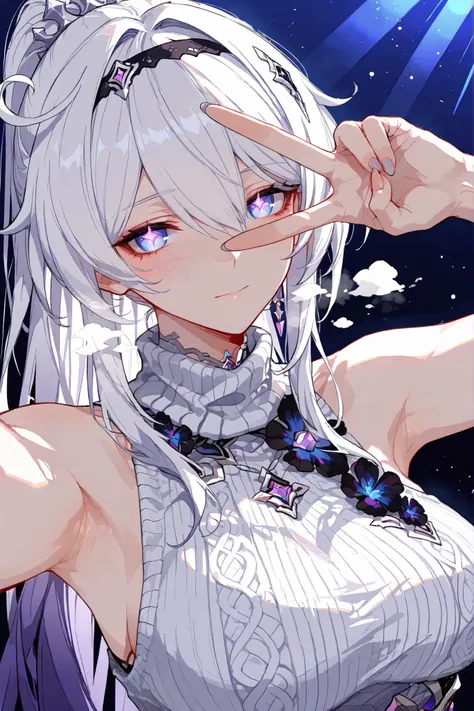 score_9, score_8_up, score_7_up, masterpiece, best quality, very aesthetic, absurdres, stunning image, particles of light, attractive image, 1girl, mature woman, Kiana Kaslana (Honkai Impact 3rd), Herrscher of finality, white hair, ahoge, high ponytail, lo...