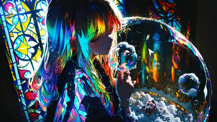 high-quality photo, ultra-detail, impeccable quality, A young girl hovers inside a huge iridescent soap bubble, iridescent highlights on the surface like stained glass, flowing airy chiffon dress, long hair flows smoothly, around lots of small soap bubbles...