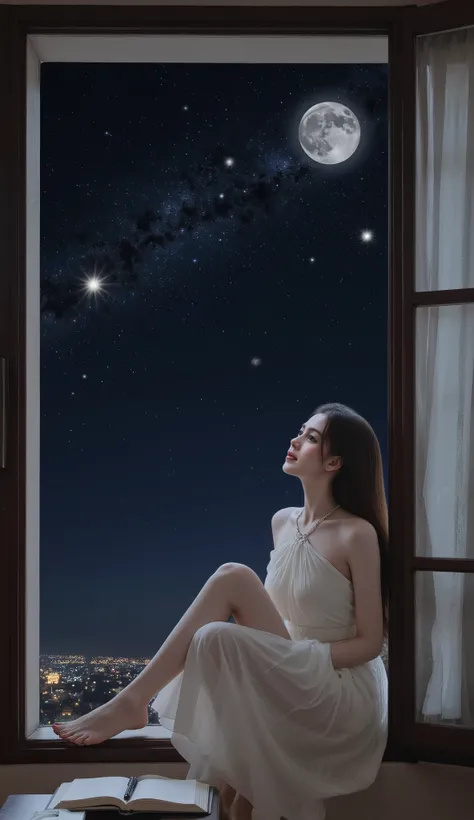 Visualize a woman sitting on the edge of an open window, At night, looking at a starry sky, she needs to be looking at the sky smiling. outside, The stars shine brightly, and little lights, as if they were dream particles, begin to float from the window to...