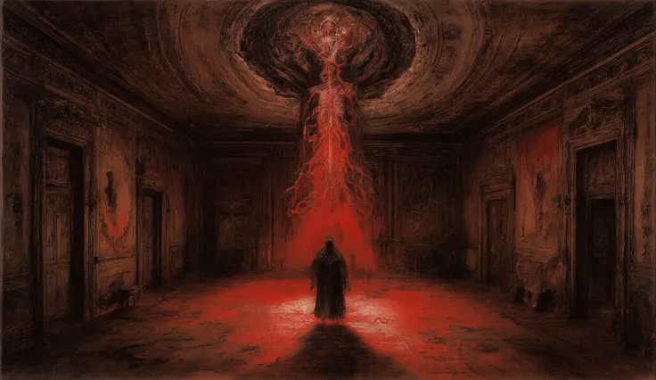 Macabre and surreal masterpiece oil painting. A figure in a black robe stands in a vast, decaying baroque hall illuminated by an ominous red glow. An organic abstract form of flesh and tentacles emerges from the shadows. Heavy impasto brushwork, textured s...