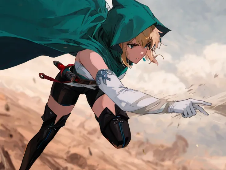 (klskx:1.1), abstract expression, flat art, illustration, (extremely aesthetic), (masterpiece), (best quality), (ultra-detailed, insanely detailed), high resolution, (color theory, vibrant colors), intricate details, absurdres, (newest), anatomically correct, detailed face, (beautiful eyes), detailed hair expression, off-center composition, carefully finished work, 
BREAK 
solo, 1girl, ryuu lion, short hair, blonde hair, hair between eyes, (downcast eyes, eyes reflection, calm gaze), BREAK (green cloak, green hood), white tanktops, shorts, elbow gloves, thigh boots, a serious expression, looking afar, 
BREAK 
battle stance, dynamic pose, dynamic angle, feet out of frame, dynamic composition, face focus, 
BREAK 
swinging hair, fluttering cape, (expressing the misty-wind clinging to the body:1.3, expression of misty-wind in the style of Yoshitaka Amano:1.38, misty-wind wraps around her body:1.2, the misty-wind partially hides her body:1.3), 
BREAK 
(stormy night), (expressing strong winds:1.3, atmospheric perspective, expressed with ligne claire), (expressing stormy-winds gradation with ligne clair:1.2), (expression of wind and clouds in the style of Yoshitaka Amano:1.3), (center of the tornado), depth of field