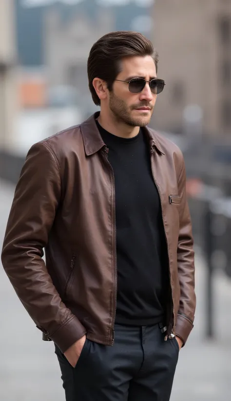 Stylish Jake Gyllenhaal outdoors wearing a fitted brown leather jacket with zipper details and quilted shoulder pads, paired with a plain black shirt and slim dark pants. Wearing sunglasses, confident posture, short styled beard and hair. Cinematic urban b...
