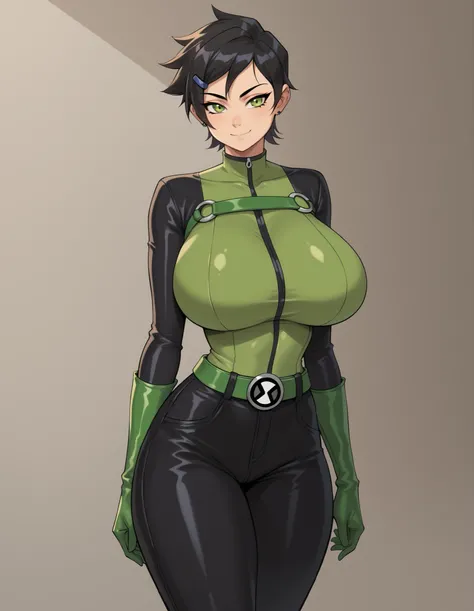 A girl , Alone ,1girl, solo, Diana, short hair, bangs, Black hair, green eyes, mouth shut , loving smile , beautiful white leather , standing , looking at the spectator , slim body , shot of a cowboy , bodysuit, green bodysuit, black pants, boots, green ...