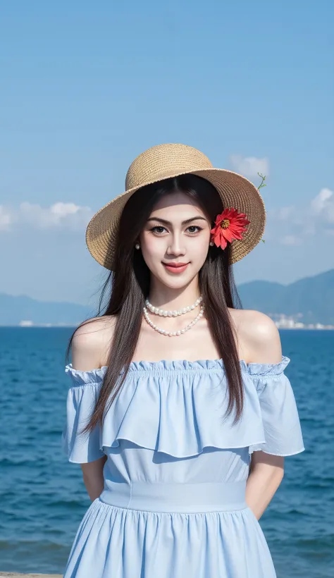 Dslr portrait of captures a plump muscle korean woman outdoors on a bright, sunny day, with a vast expanse of blue water behind her.
She is smiling and looking to the side while holding the brim of her wide-brimmed straw hat. Her long, dark straight hair ...