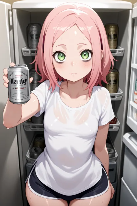Sakura Haruno. small breasts, huge hips, pink hair, medium hair, light green eyes, thin lips, very fair skin, big forehead. | masterpiece,best quality,amazing quality, 1girl, bags under eyes, can, long tshirt, freckles, solo, shorts, looking at viewer, re...