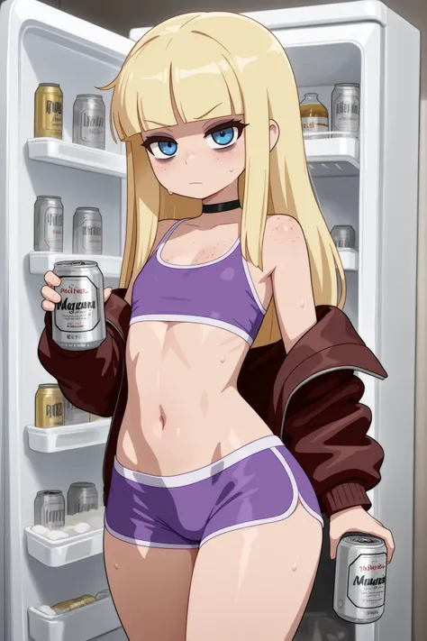 Pacifica Northwest, flat breasts, flat chest, skinny, huge hips, long hair, blonde hair, choker , | masterpiece,best quality,amazing quality, 1girl, bags under eyes, jacket, freckles, solo, shorts, looking at viewer, refrigerator, beer can, holding, sweat,...
