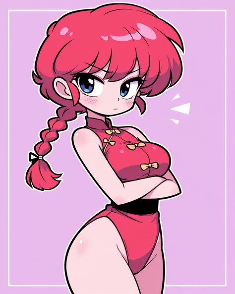 CartoonyIllustrious,ranma, long_hair,red_hair, braided_ponytail, Shojo mode, standing with arms crossed, self-assured and composed, pastel purple background, high detail, soft shading.