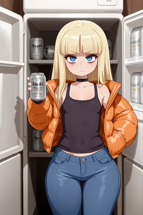 Pacifica Northwest, flat breasts, flat chest, skinny, huge hips, long hair, blonde hair, choker , | masterpiece,best quality,amazing quality, 1girl, bags under eyes, closed down jacket, sweater, freckles, solo, jeans, looking at viewer, refrigerator, beer ...