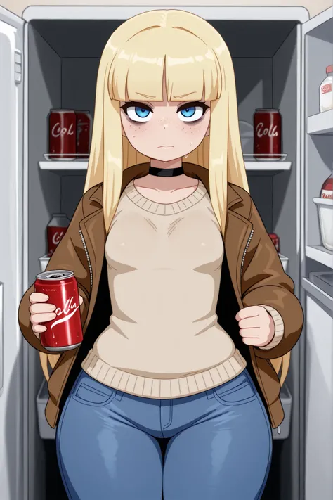 Pacifica Northwest, small breasts, huge hips, long hair, blonde hair, choker , | masterpiece,best quality,amazing quality, 1girl, bags under eyes, closed jacket, sweater, freckles, solo, jeans, looking at viewer, refrigerator, cola can, holding, sweat,