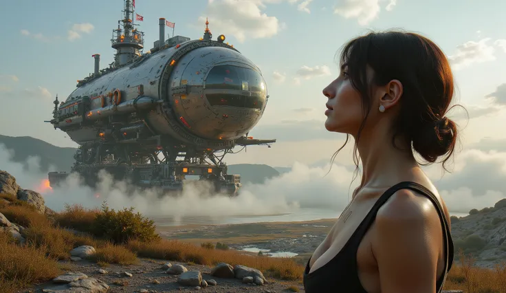 a woman in the foreground looking at a distant hyper realistic beautiful steampunk spaceship floating to a landing on a awesome highly detailed landing pad, octane render, 8k,