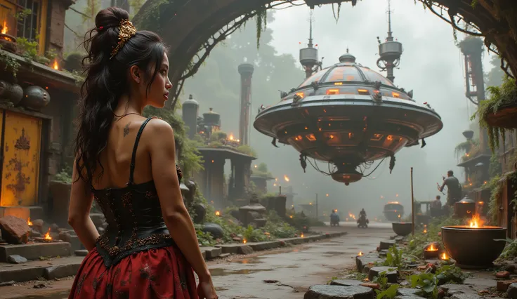 a woman in the foreground looking at a distant hyper realistic beautiful steampunk spaceship floating to a landing on a awesome highly detailed landing pad, octane render, 8k,