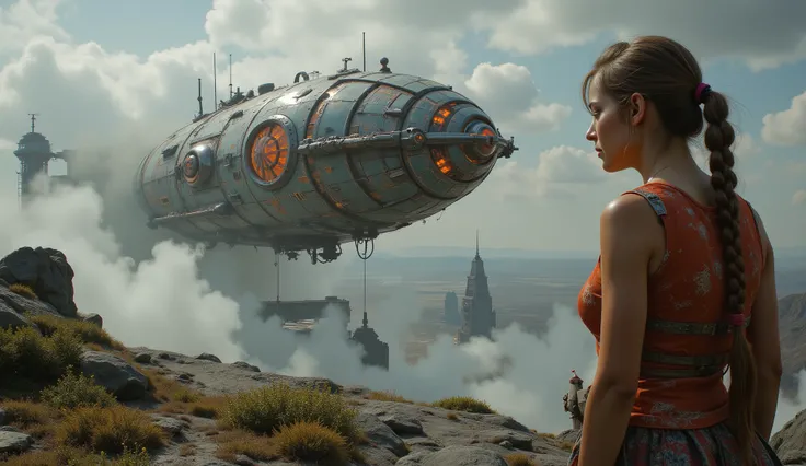 a woman in the foreground looking at a distant hyper realistic beautiful steampunk spaceship floating to a landing on a awesome highly detailed landing pad, octane render, 8k,