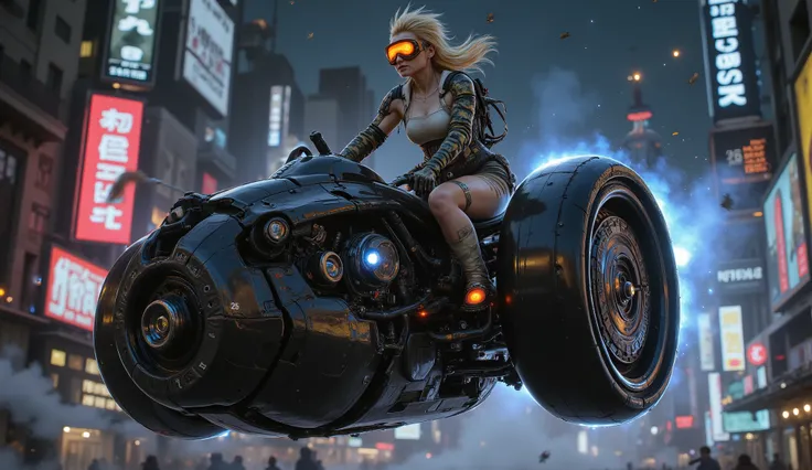 female bounty hunter, dark blonde spiky hair, glowing orange goggles, wearing a white camo fitted dress, riding a floating rugged high powered fusion jet powered black hover jet bike with an aerodynamic design, featuring various mechanical details such as ...