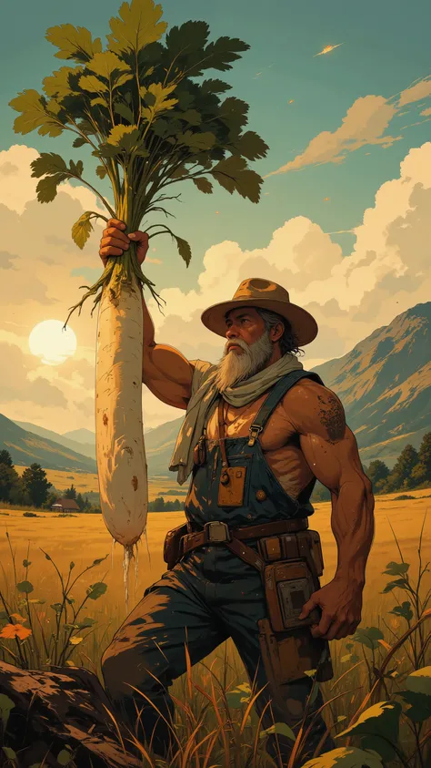 A burly middle-aged farmer, 50th Generation, Slightly Darkened Male,
Straw Hat, A sweaty white towel is wrapped around the neck,
Blue denim overalls stained from work,
Tanned arm muscles, Strong Hand Expression, The daikon leaves are firmly grasped wi...