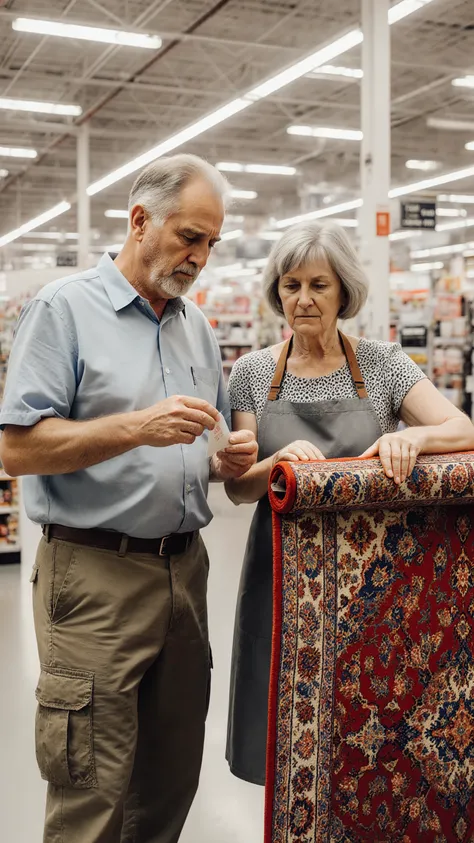  displayed at the carpet corner,
中年husband婦が花柄の赤いカーペットの前で立ち止まる,
husband（50th Generation,  short sleeve shirt, Cargo Pants, Tired Expression）,
wife（50th Generation, casual dress, apron visible from the outside）, Rolled Red Carpet, 
on the carpet corner of t...