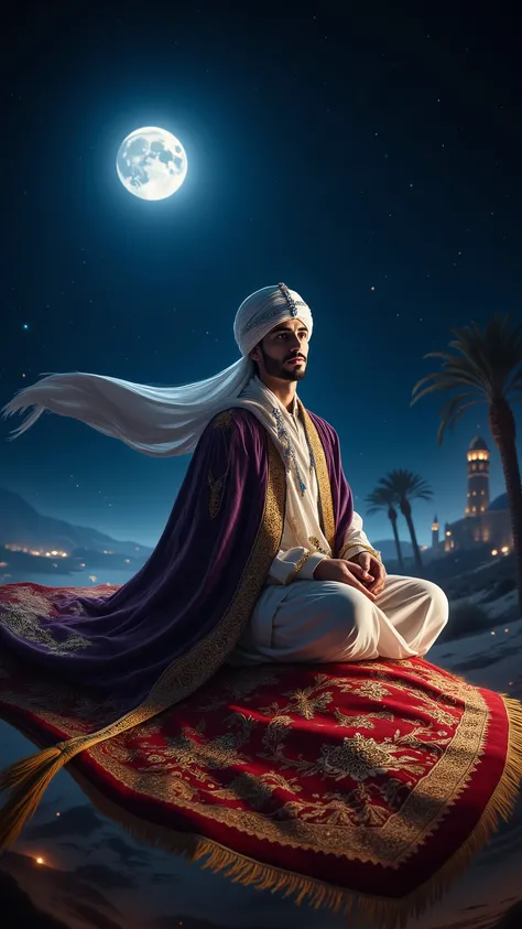 アラビアのprinceが乗る豪華な魔法の絨毯,
The intricate golden embroidery pattern on the red Persian carpet,
The edge of the red carpet with arabesque patterns shining in the moonlight,
Red Carpet tassels fluttering in the wind, prince（Late 20s, neat face）,
A white and gold...