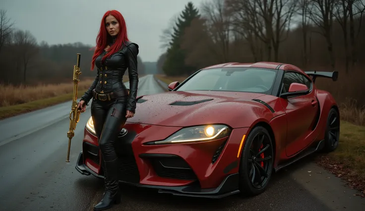 A dark steampunk scene featuring a beautiful red-haired woman in full-body view, wearing black leather clothes. She is holding a short-barrel golden shotgun and standing next to a red sporty steampunk car. The environment is an outdoor rural road with a ci...