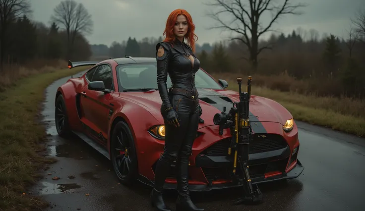 A dark steampunk scene featuring a beautiful red-haired woman in full-body view, wearing black leather clothes. She is holding a short-barrel golden shotgun and standing next to a red sporty steampunk car. The environment is an outdoor rural road with a ci...