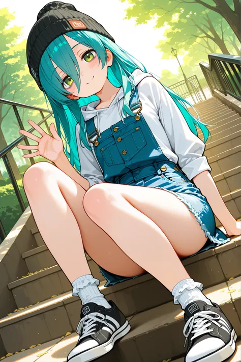 NSFW, 1girl, solo, character focus, close to viewer, from below, dutch angle, dynamic angle, (((park))), (((stairs))), sitting, bend one knee, hooded denim shirt, overalls denim skirt, ankle socks, frilled_legwear socks, sneakers, beanie, blush, happy smil...